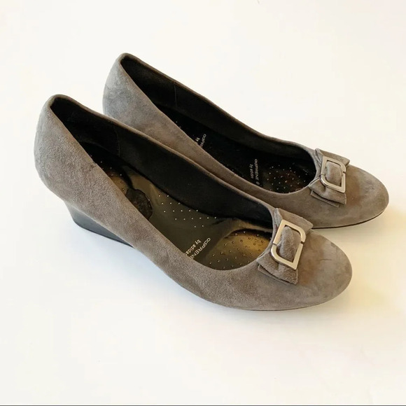 Rockport Grey Suede Wedge Pumps Adiprene by Adidas Heels Bow Workwear Size 10 - Picture 5 of 11